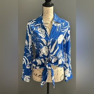 Blue and White Leaf Print Women's Top